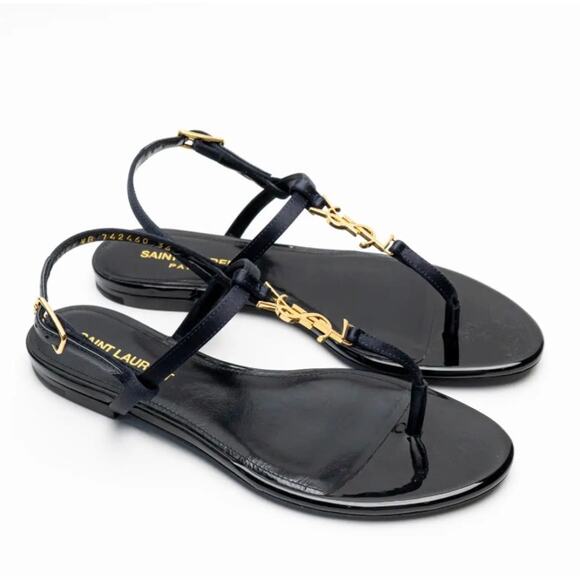 Saint Laurent Cassandra Navy Satin YSL Flat Logo Thong Sandals - Picture 1 of 15